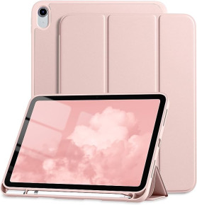 Луксозен кожен калъф тефтер TRI-FOLD и стойка за Apple iPad 10 Gen 10.9 A2696 / Apple iPad 10 Gen 10.9 A2757 / Apple iPad 10 Gen 10.9 A2777 розов 